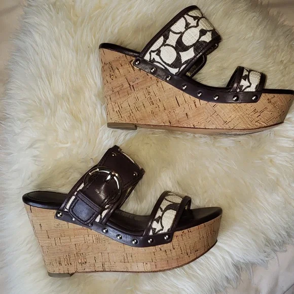 Coach Platform Wedge Open Toe Slide Sandals Brown Tan 6 - Picture 3 of 10